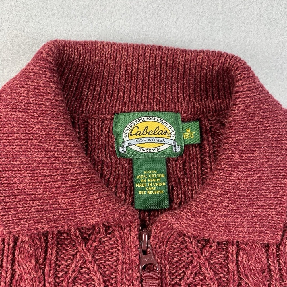 Cabelas Womens Fisherman Cable Knit Full Zip Sweater Red Medium Cotton - Picture 3 of 6